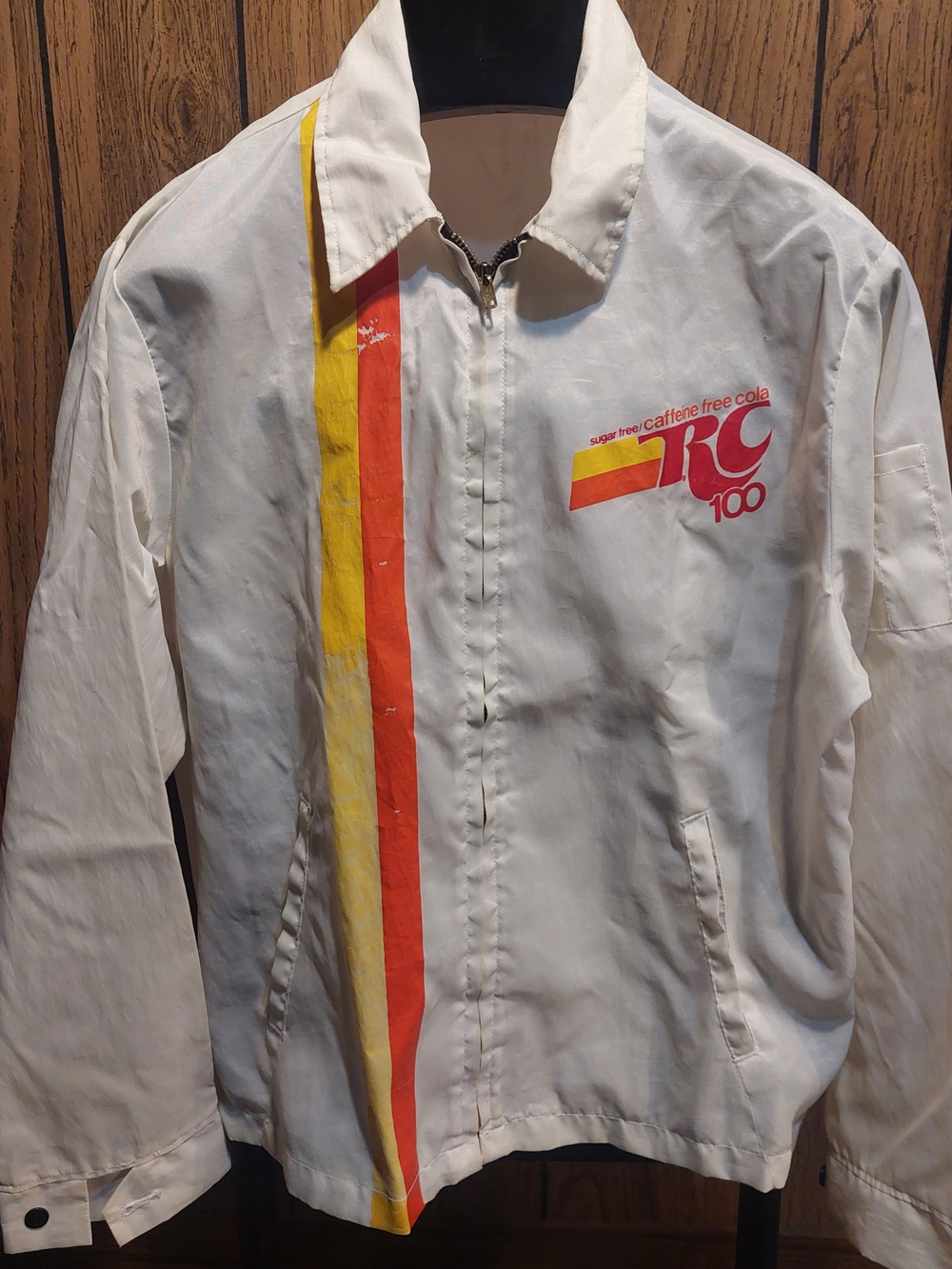 RC Cola 100 Vintage 80s White Zip Nylon Jacket with Yellow & Red Stripe Large